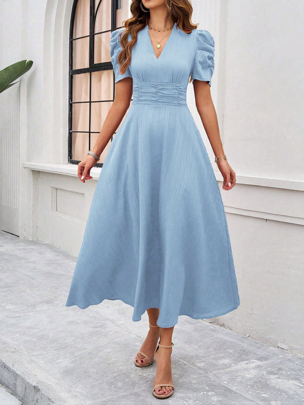 Women Elegant V-Neck Midi Dress with Puff Sleeves Cocktail