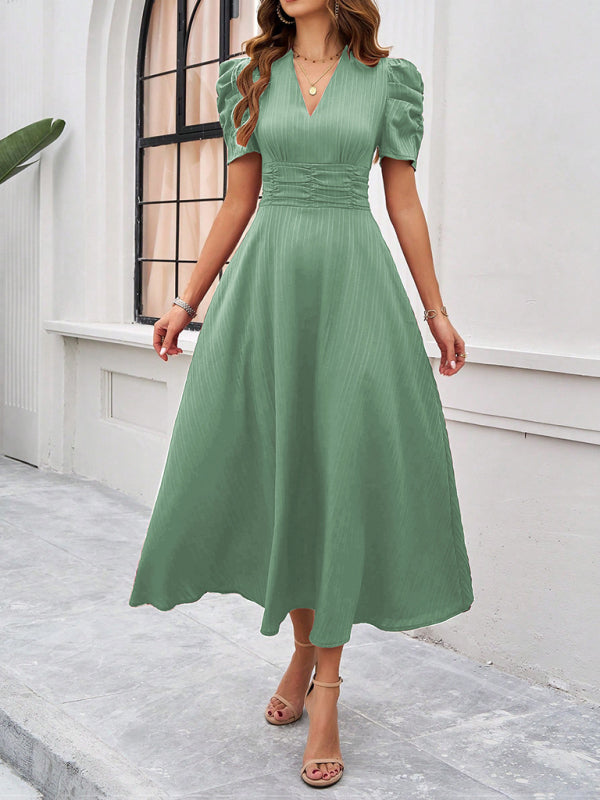 Women Elegant V-Neck Midi Dress with Puff Sleeves Cocktail