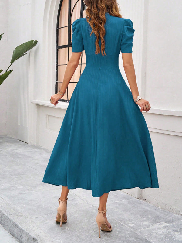 Women Elegant V-Neck Midi Dress with Puff Sleeves Cocktail