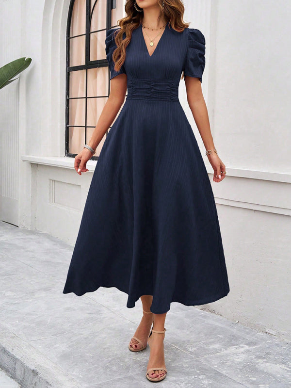 Women Elegant V-Neck Midi Dress with Puff Sleeves Cocktail