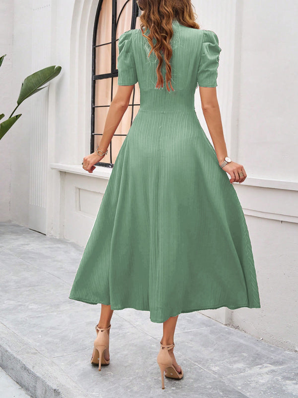 Women Elegant V-Neck Midi Dress with Puff Sleeves Cocktail