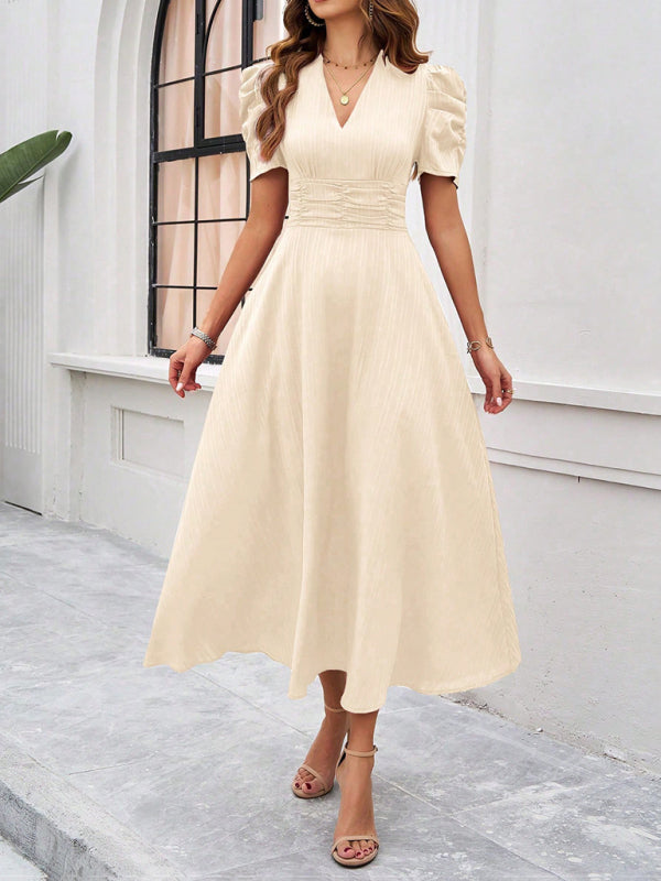 Women Elegant V-Neck Midi Dress with Puff Sleeves Cocktail