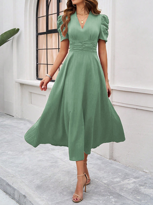 Women Elegant V-Neck Midi Dress with Puff Sleeves	