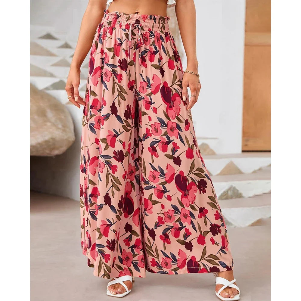 Spring Style Women's Floral Wide-Leg Smocked Pants Pants