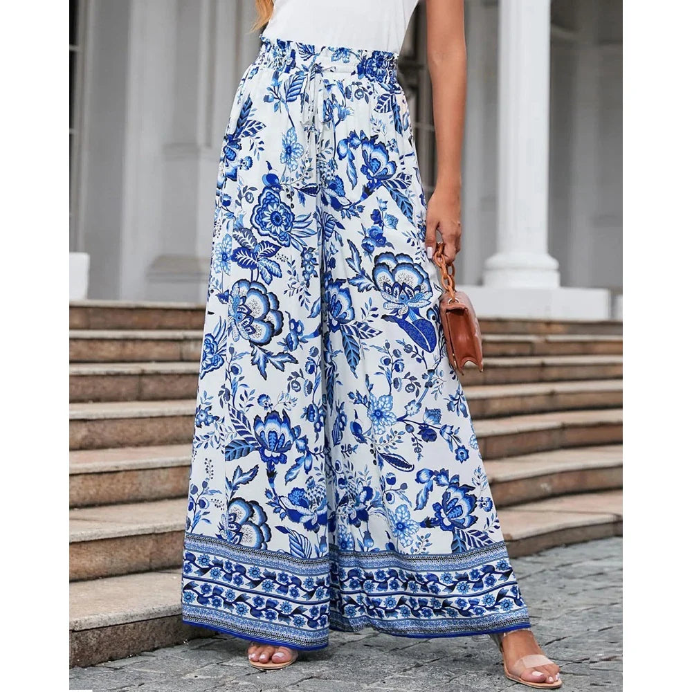 Spring Style Women's Floral Wide-Leg Smocked Pants Pants