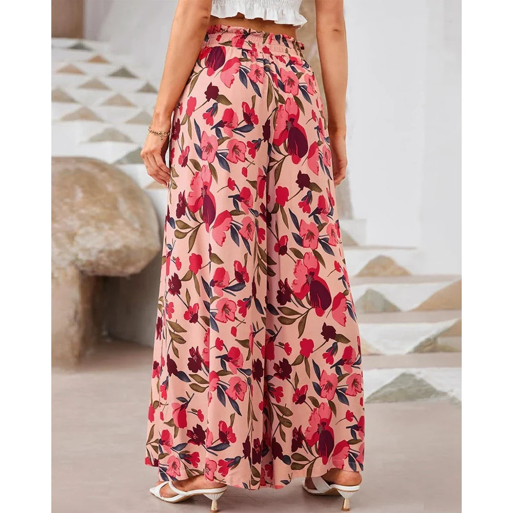 Spring Style Women's Floral Wide-Leg Smocked Pants Pants