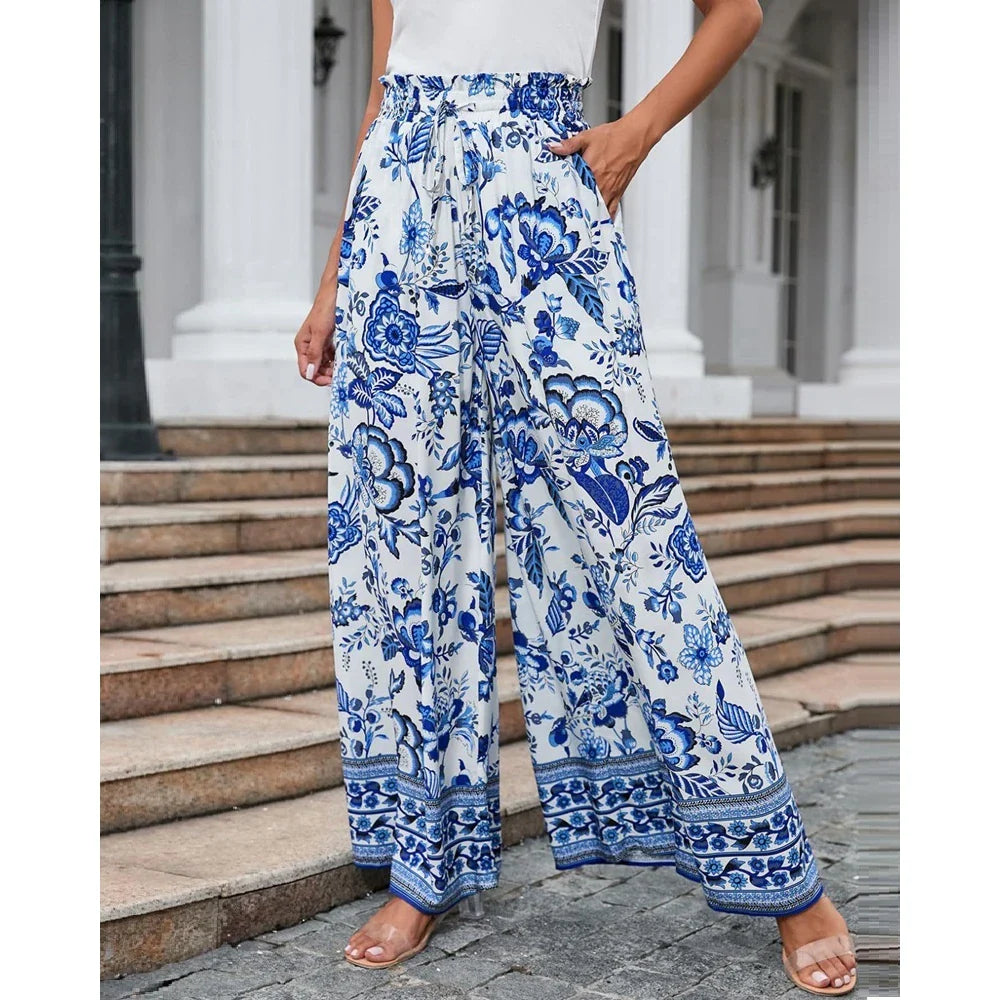 Spring Style Women's Floral Wide-Leg Smocked Pants Pants