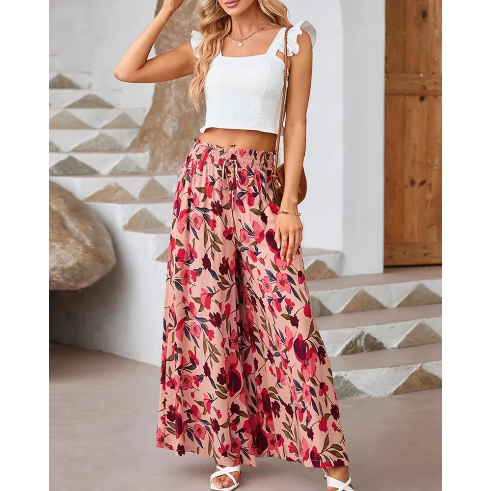 Spring Style Women's Floral Wide-Leg Smocked Pants	