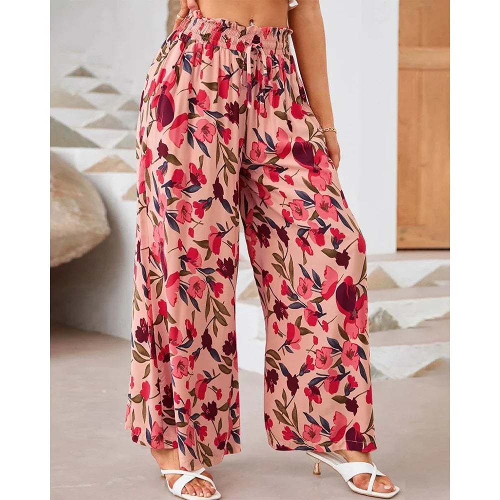 Spring Style Women's Floral Wide-Leg Smocked Pants Pants