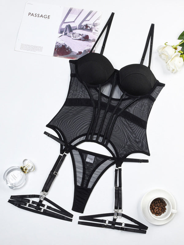Tulle Lingerie with G-String Thong &amp; Push-Up Basque Lingerie