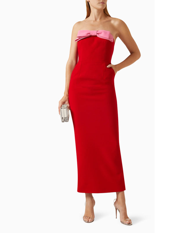 Elegant Red Strapless Midi Dress with Pink Bow Elegant Dresses