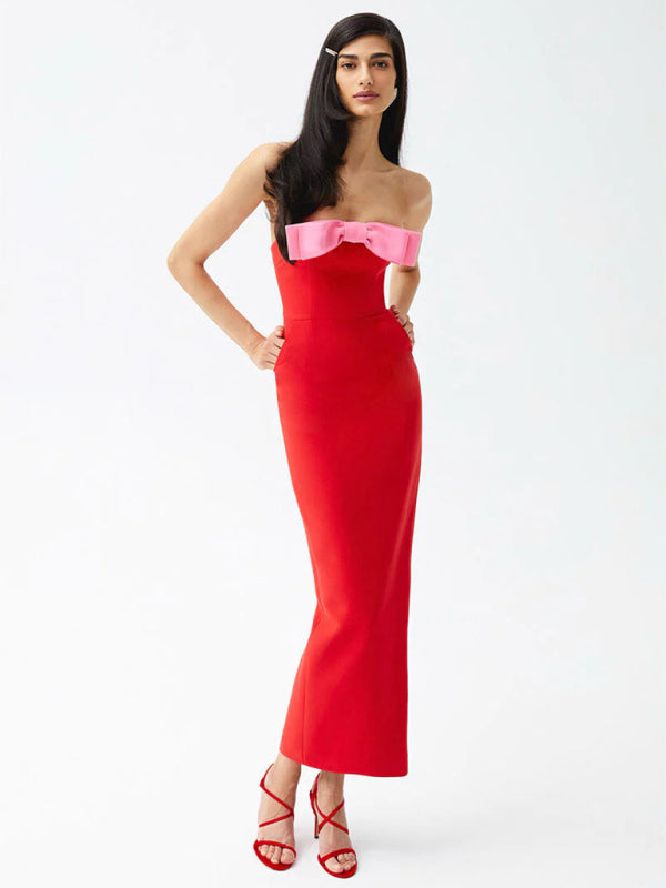 Elegant Red Strapless Midi Dress with Pink Bow Elegant Dresses