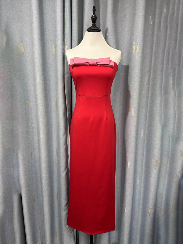 Elegant Red Strapless Midi Dress with Pink Bow Elegant Dresses