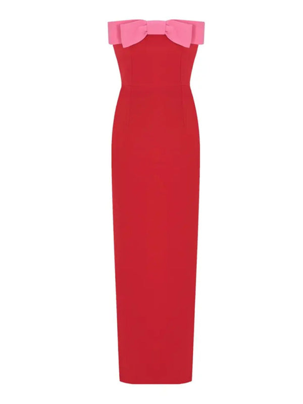 Elegant Red Strapless Midi Dress with Pink Bow Elegant Dresses