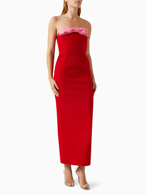 Elegant Red Strapless Midi Dress with Pink Bow Elegant Dresses