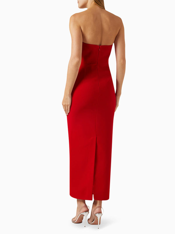 Elegant Red Strapless Midi Dress with Pink Bow Elegant Dresses