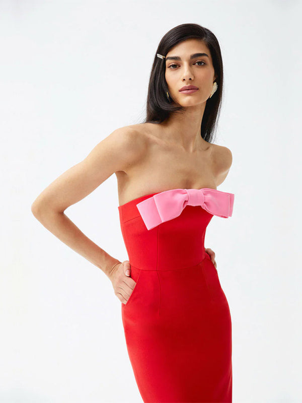 Elegant Red Strapless Midi Dress with Pink Bow Elegant Dresses