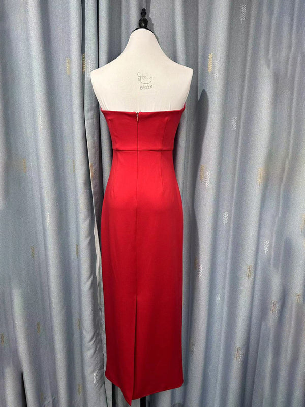 Elegant Red Strapless Midi Dress with Pink Bow Elegant Dresses