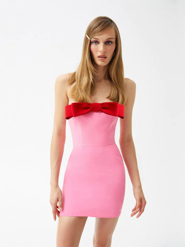 Pink Strapless Mini Dress with Contrasting Bow	