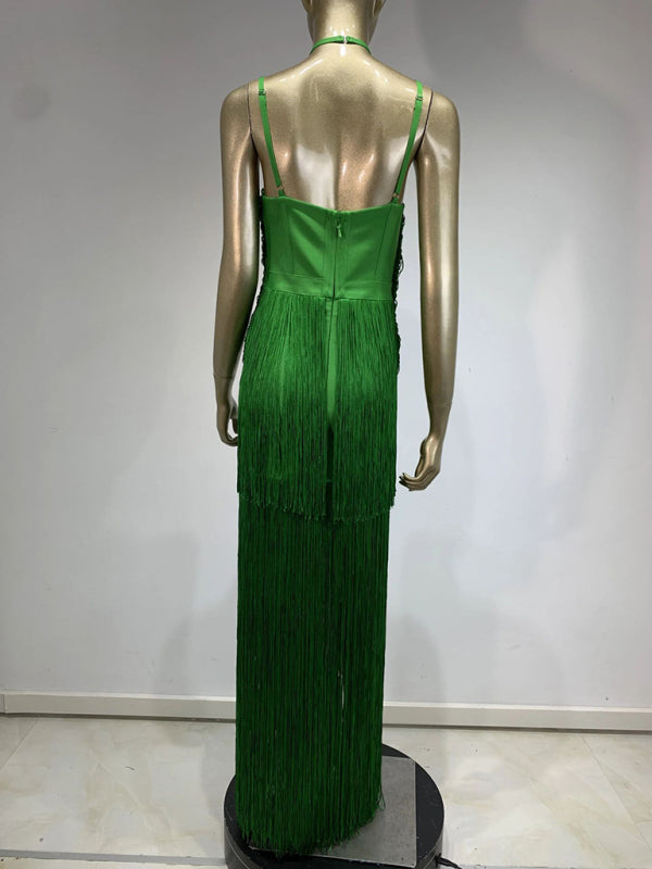 Green Fringe Gala Gown 1920s Inspired Flapper Dress Gowns