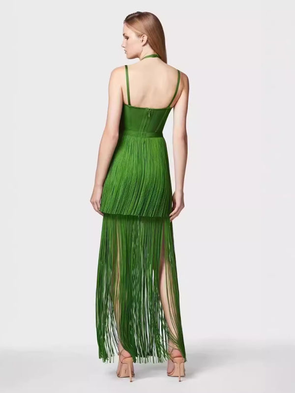 Green Fringe Gala Gown 1920s Inspired Flapper Dress Gowns