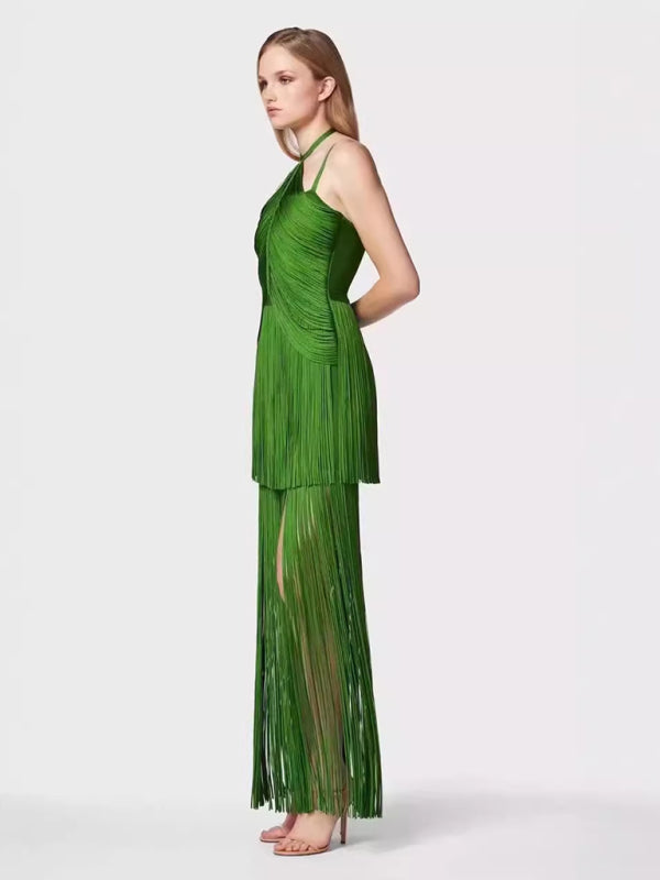 Green Fringe Gala Gown 1920s Inspired Flapper Dress Gowns