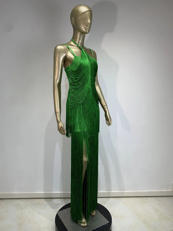 Green Fringe Gala Gown 1920s Inspired Flapper Dress Gowns