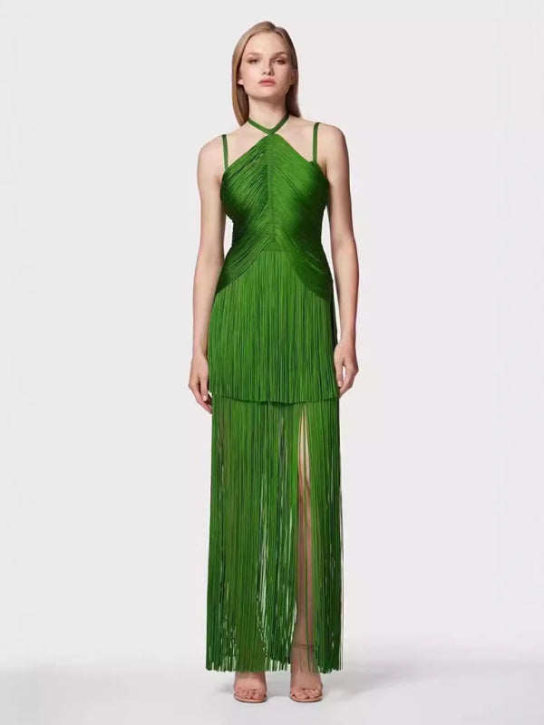 Elegant Green Fringe Halter Gown Flapper Dress	