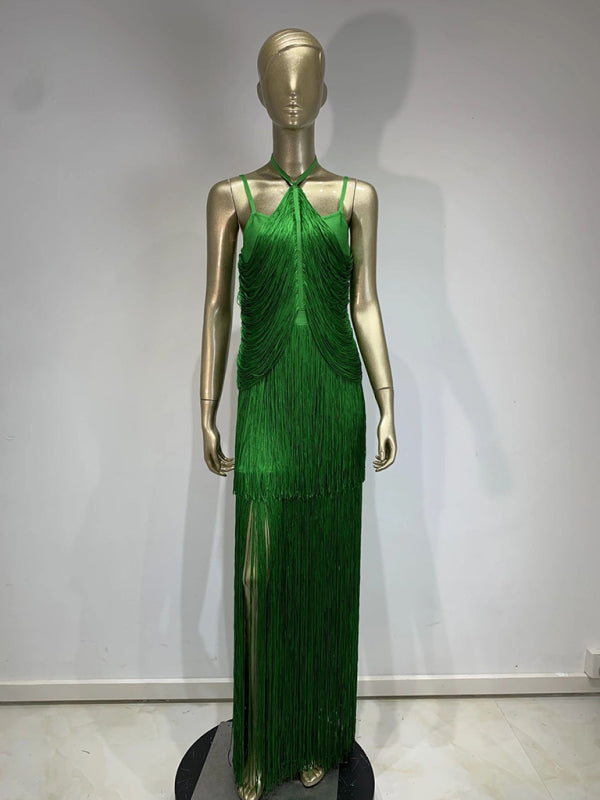 Green Fringe Gala Gown 1920s Inspired Flapper Dress Gowns