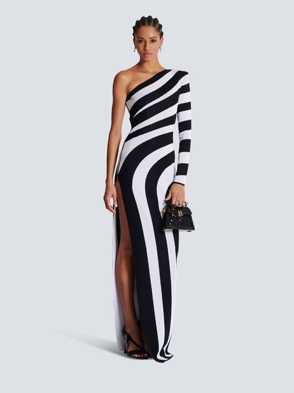 Evening One-Shoulder Striped Cocktail Dress	