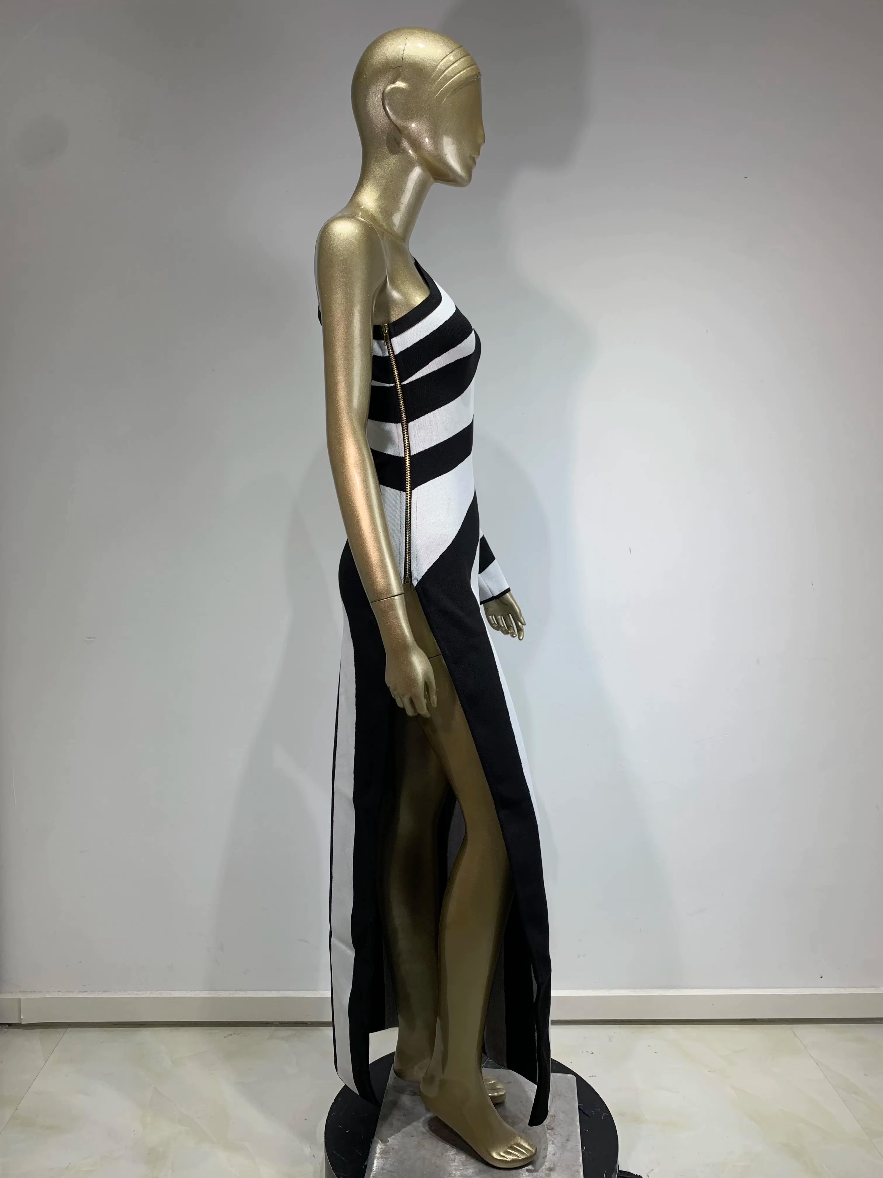 Stripe Asymmetrical Evening Dress Monochrome Gown Elegant Knit