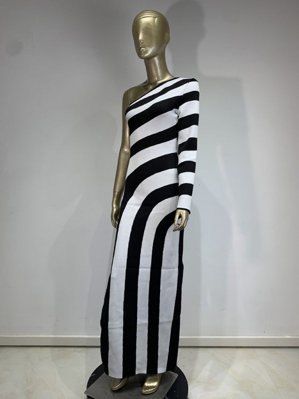 Stripe Asymmetrical Evening Dress Monochrome Gown Elegant Knit