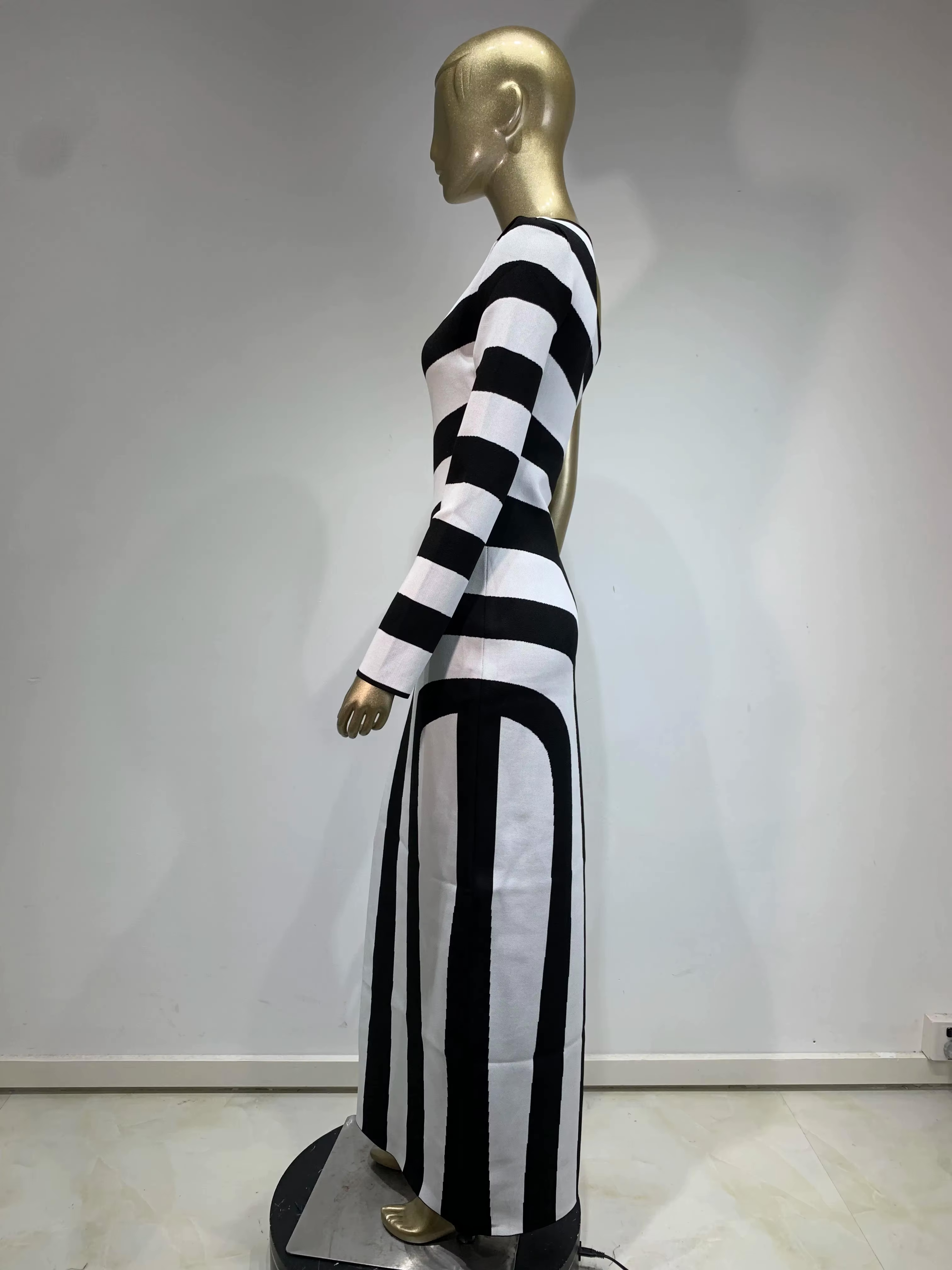 Stripe Asymmetrical Evening Dress Monochrome Gown Elegant Knit