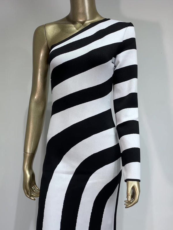 Stripe Asymmetrical Evening Dress Monochrome Gown Elegant Knit