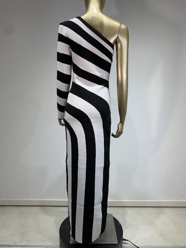 Stripe Asymmetrical Evening Dress Monochrome Gown Elegant Knit