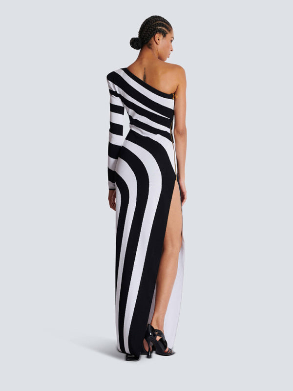 Stripe Asymmetrical Evening Dress Monochrome Gown Elegant Knit