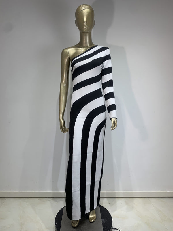 Stripe Asymmetrical Evening Dress Monochrome Gown Elegant Knit