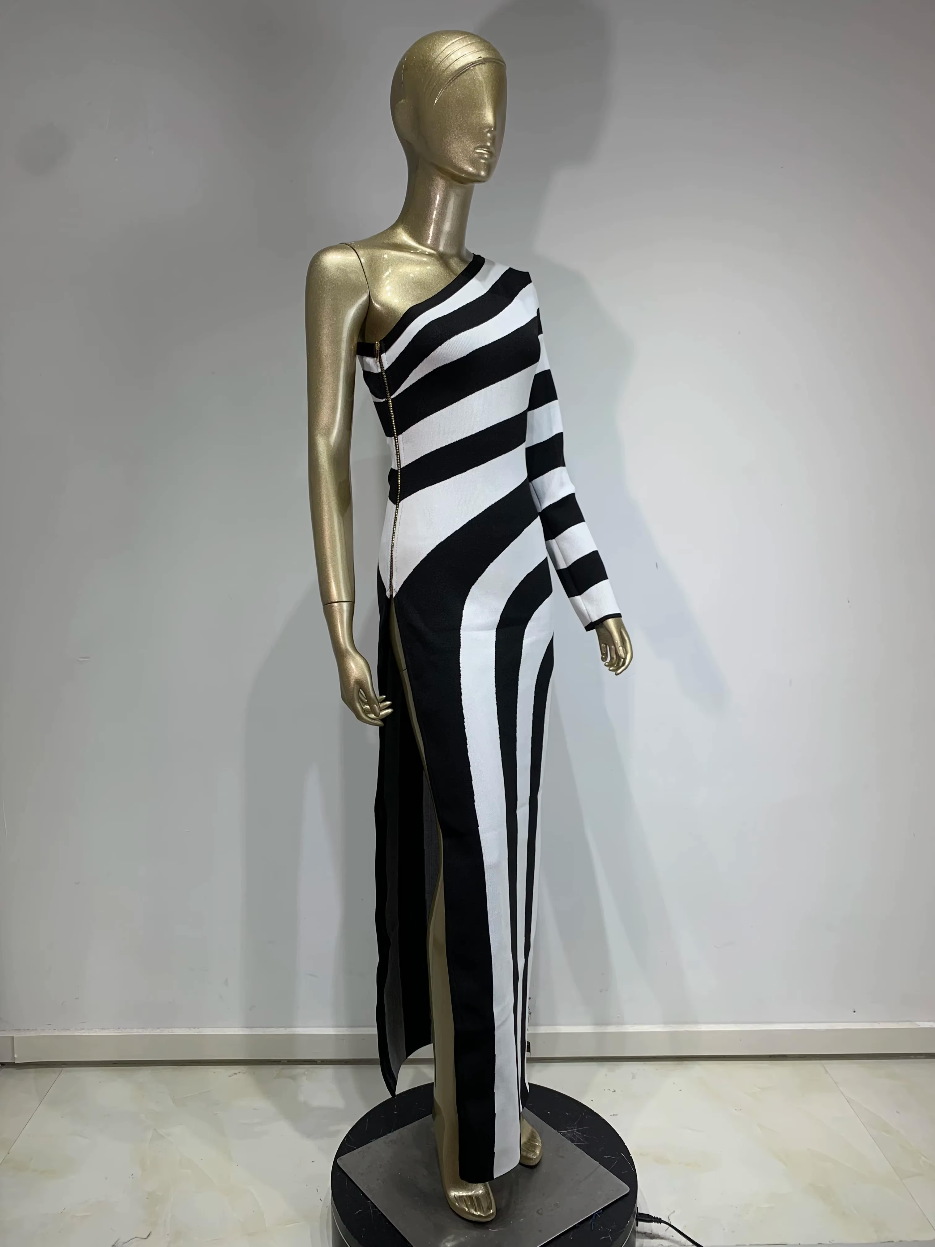 Stripe Asymmetrical Evening Dress Monochrome Gown Elegant Knit