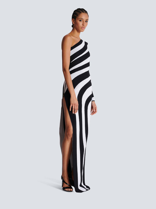 Stripe Asymmetrical Evening Dress Monochrome Gown Elegant Knit