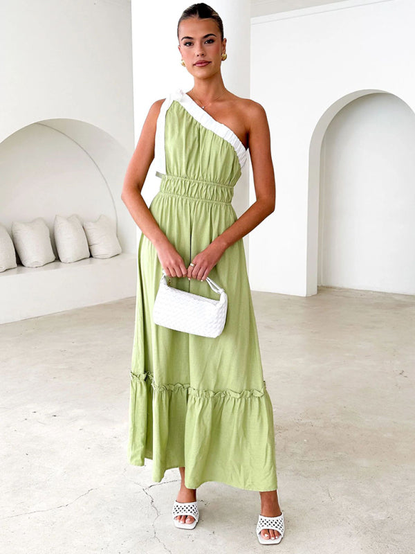 One-Shoulder Bohemian Midi Dress in Contrast Trim	