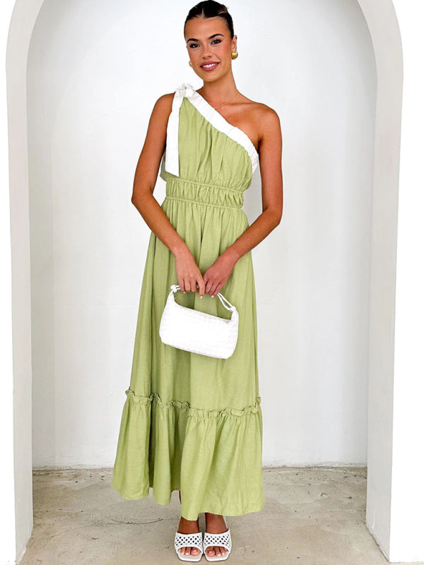 Green Boho One-Shoulder Garden Party Dress Midi Dresses