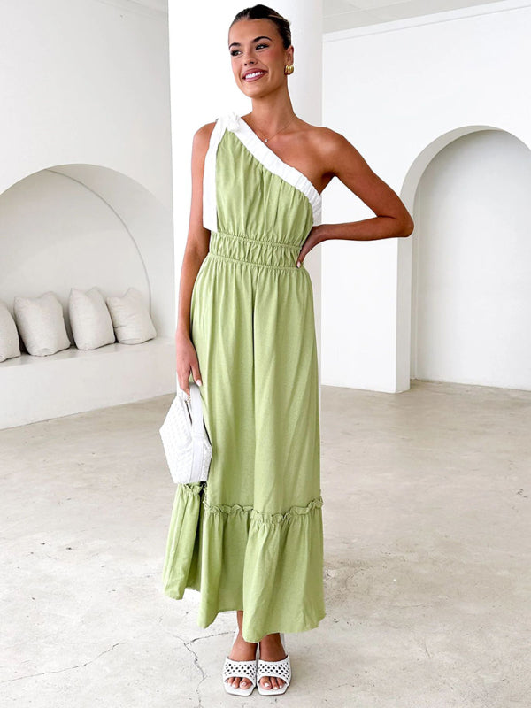 Green Boho One-Shoulder Garden Party Dress Midi Dresses