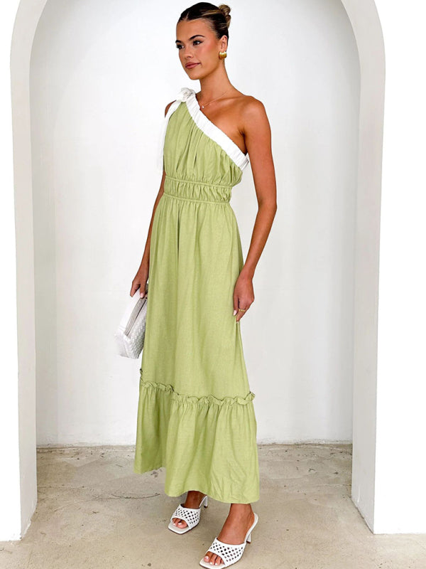 Green Boho One-Shoulder Garden Party Dress Midi Dresses