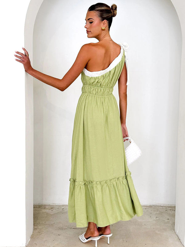 Green Boho One-Shoulder Garden Party Dress Midi Dresses