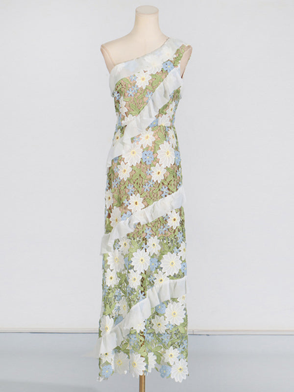 Botanical-Inspired Embroidery One-Shoulder Maxi Dress One