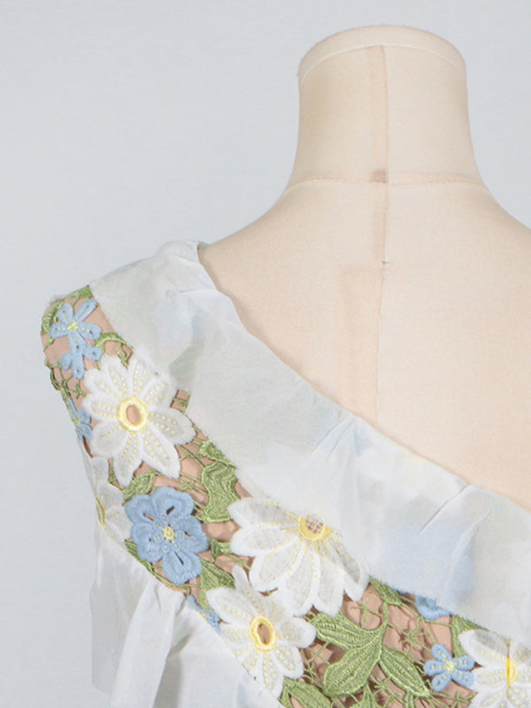 Botanical-Inspired Embroidery One-Shoulder Maxi Dress One