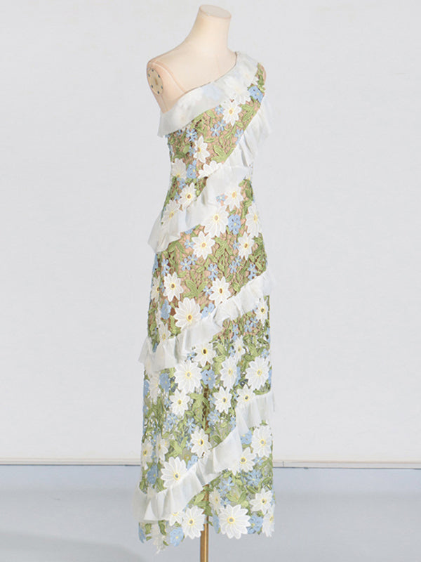 Botanical-Inspired Embroidery One-Shoulder Maxi Dress One