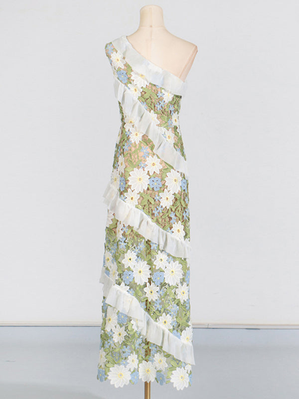 Botanical-Inspired Embroidery One-Shoulder Maxi Dress One