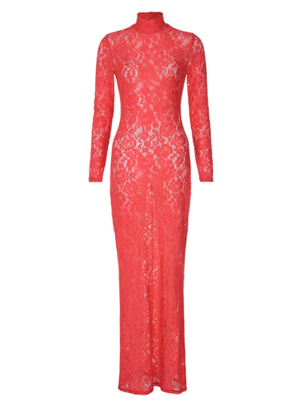 Floor-Length Red High-Neck Lace Dress Lace Dresses