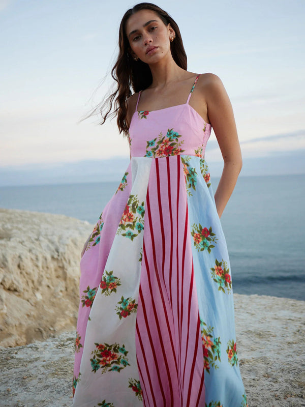 Artistic Floral Striped Dress for Women	
